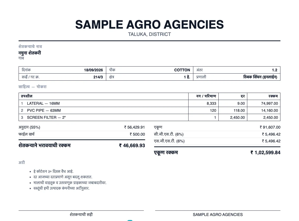 A quotation printed by DRIP: the materials, the subsidy, and what the farmer pays